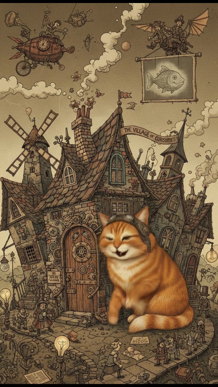 A small village with a cozy house and a fluffy orange cat sitting peacefully by the door.