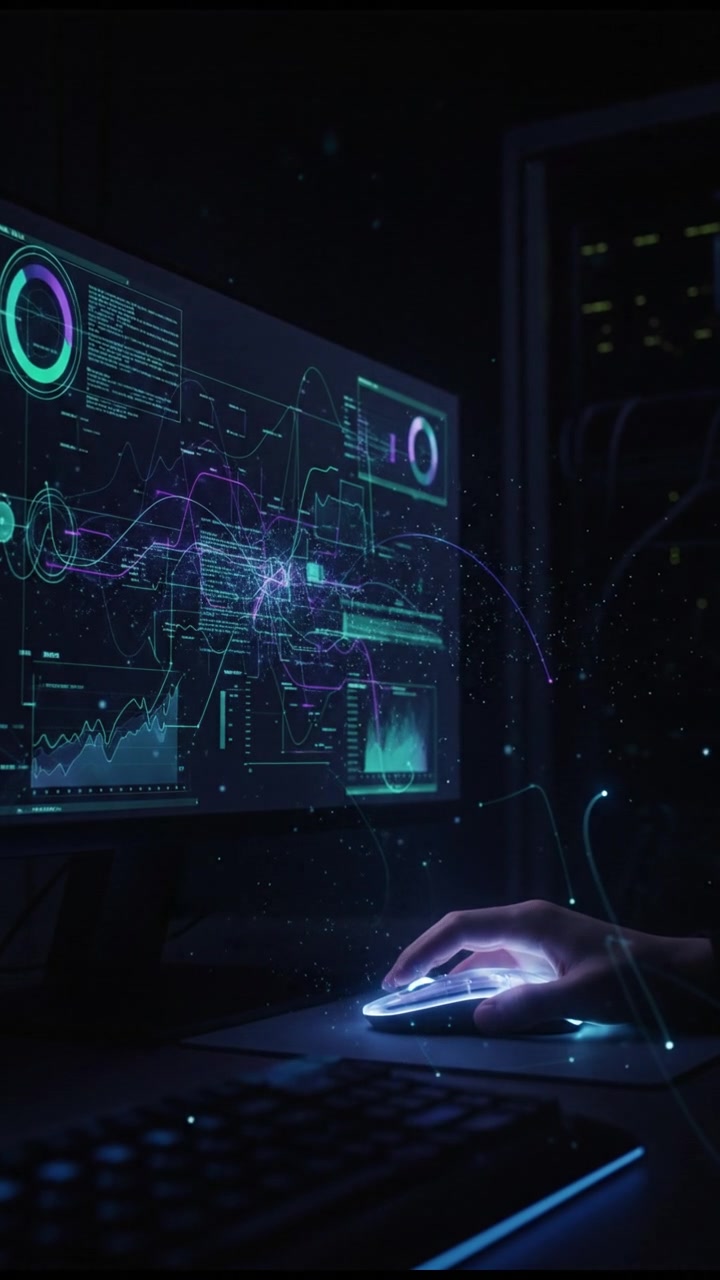 A close-up of a computer screen displaying complex graphs and data analytics, a hand hovering over the mouse.