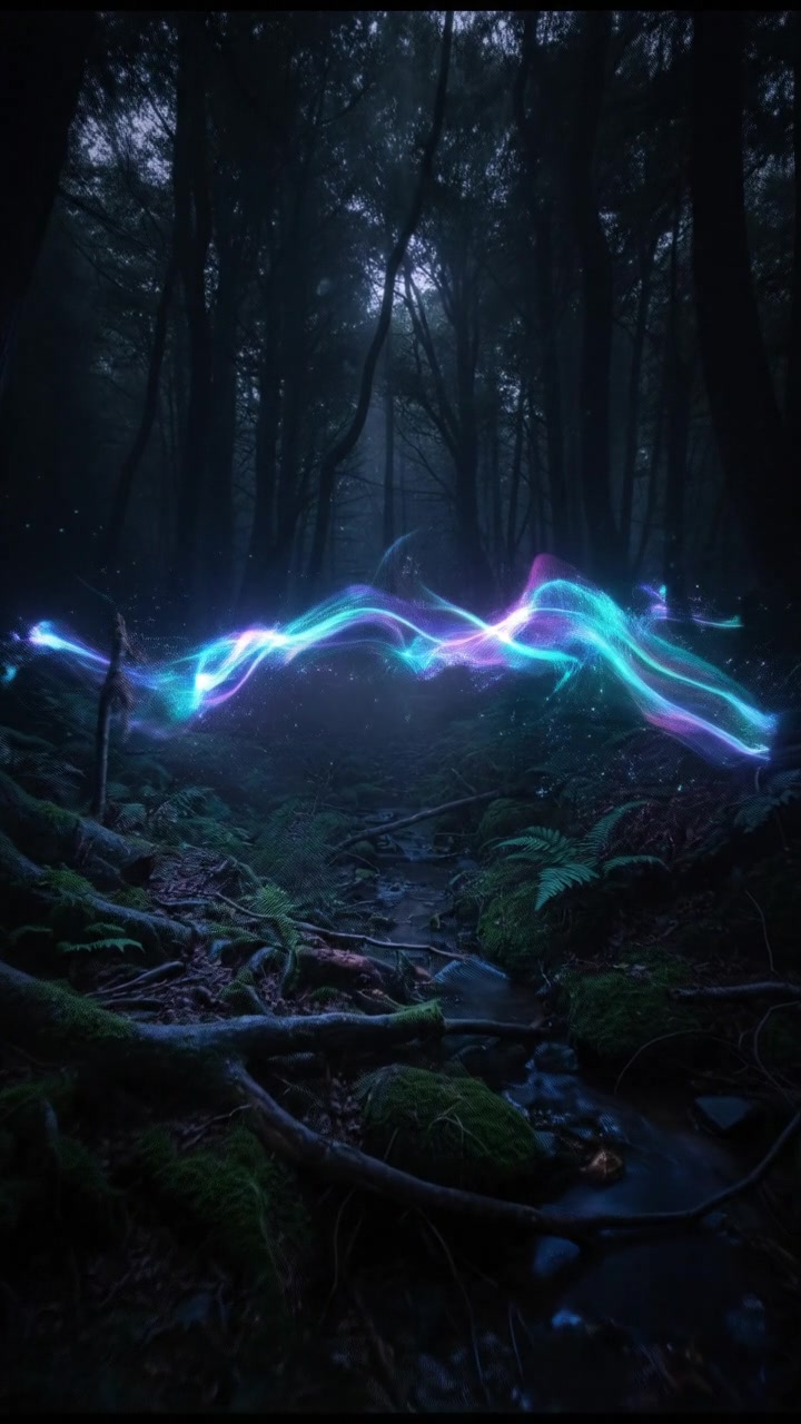 A shadowy area in the forest where light barely penetrates, conveying a sense of hidden mysteries.