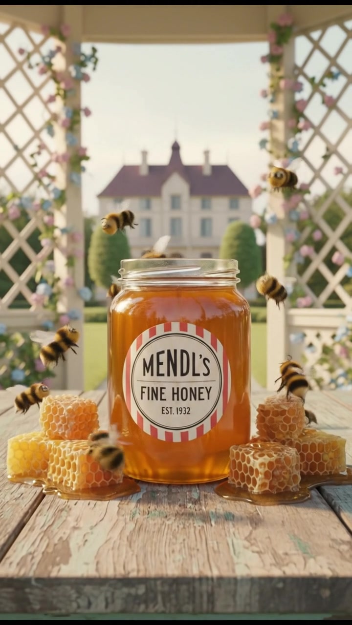 A jar of honey sitting on a rustic wooden table, surrounded by bees and honeycombs.