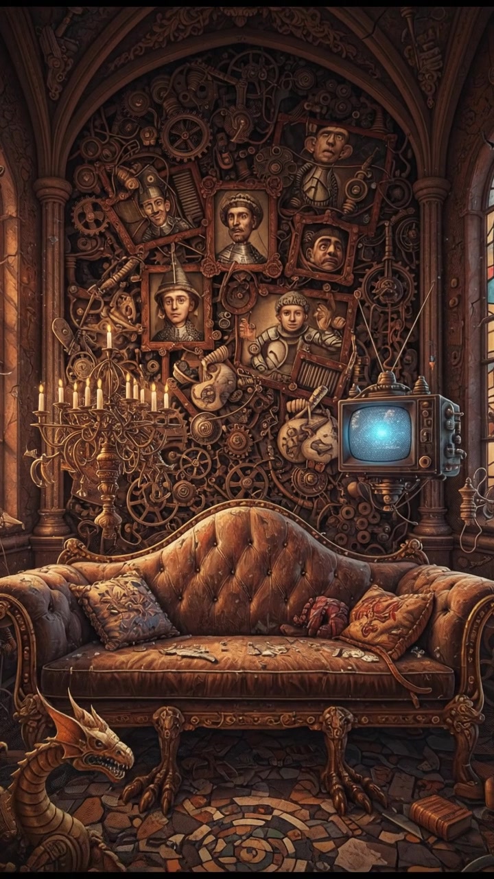 An empty living room with a comfortable couch and family photos on the wall.