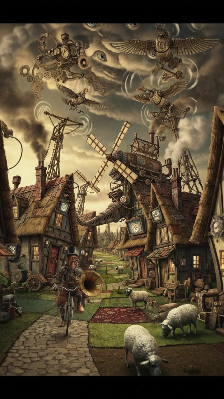 A quaint little village with thatched-roof cottages bordering a lush green field.