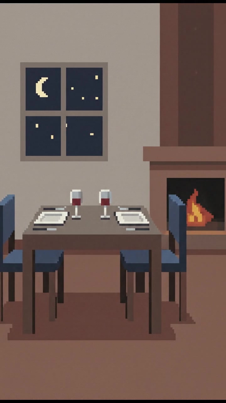 An empty dinner table set for two, with one chair pushed back, suggesting a breakup.