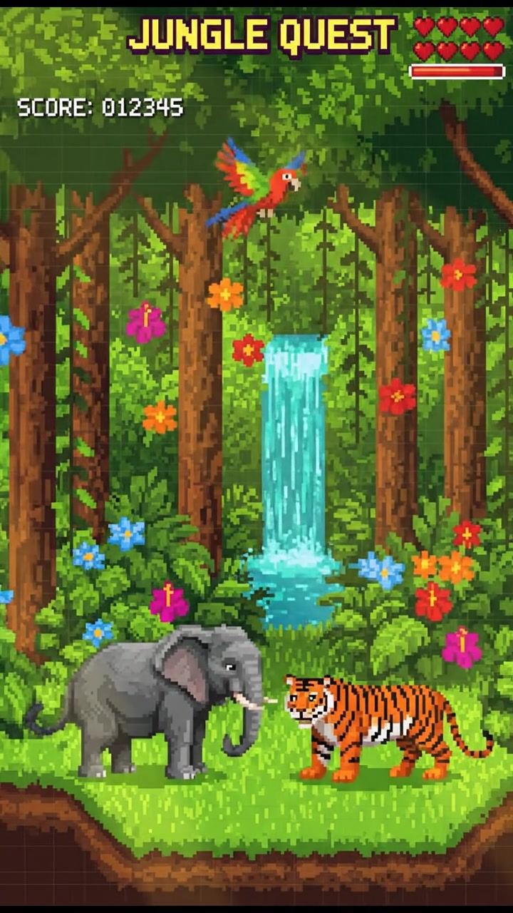 A lush jungle in India with dense greenery, tall trees, and colorful flowers.