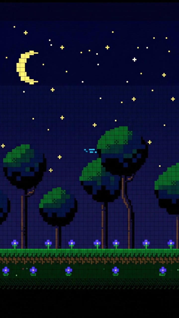 A peaceful landscape at night with a gentle breeze, trees swaying under a starry sky.