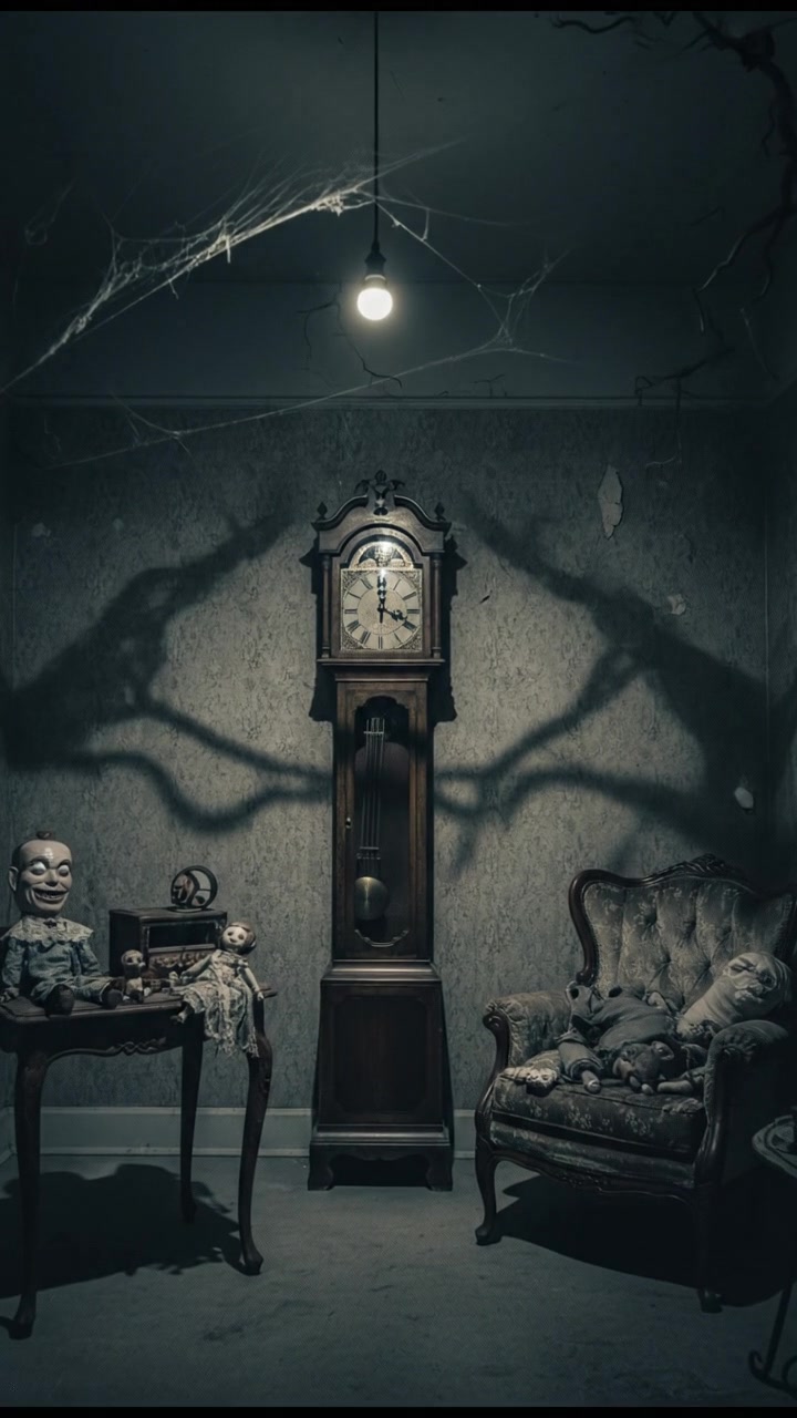 A dimly lit room with shadows on the walls, a clock ticking softly, and an eerie atmosphere creating a sense of loneliness.