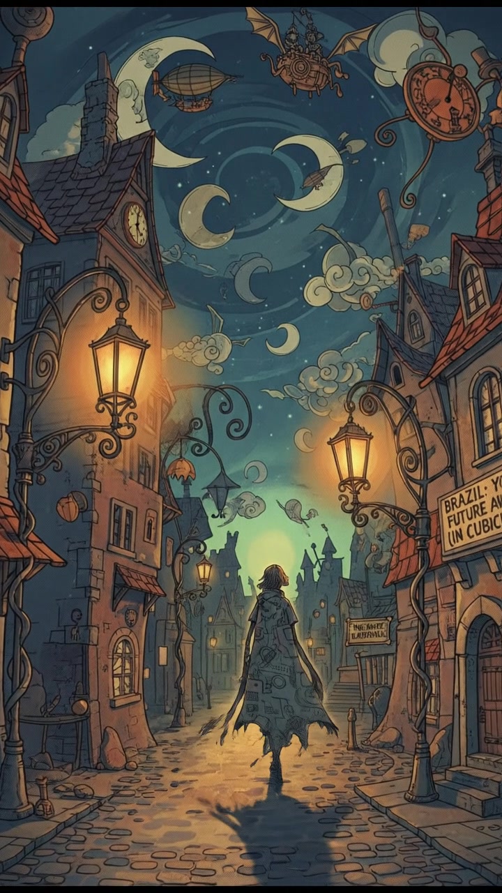 A quiet street in the evening with streetlights starting to glow, a silhouette of a person walking away.