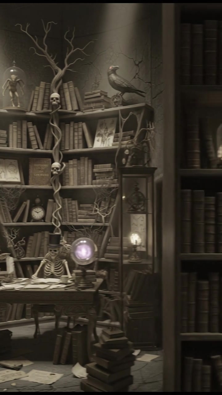 A library filled with dusty books and strange artifacts, highlighting theories of the bizarre.