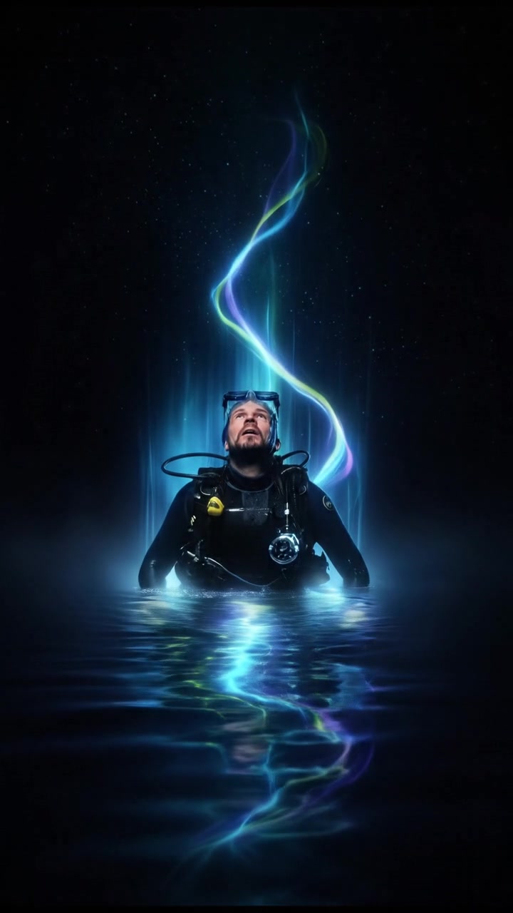 A diver emerging from the water looking relieved, with a backdrop of the ocean and sky.