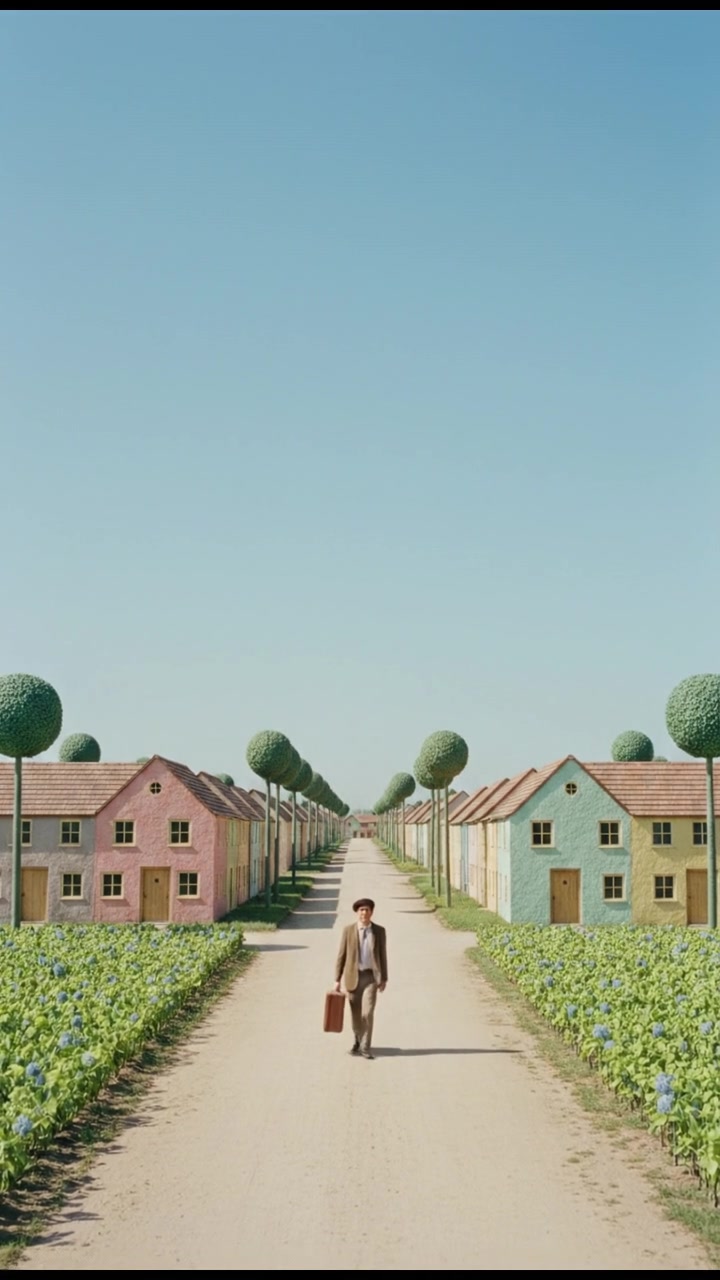 A small village with mud houses and lush green fields, a dirt road winding through the village, under a clear blue sky.