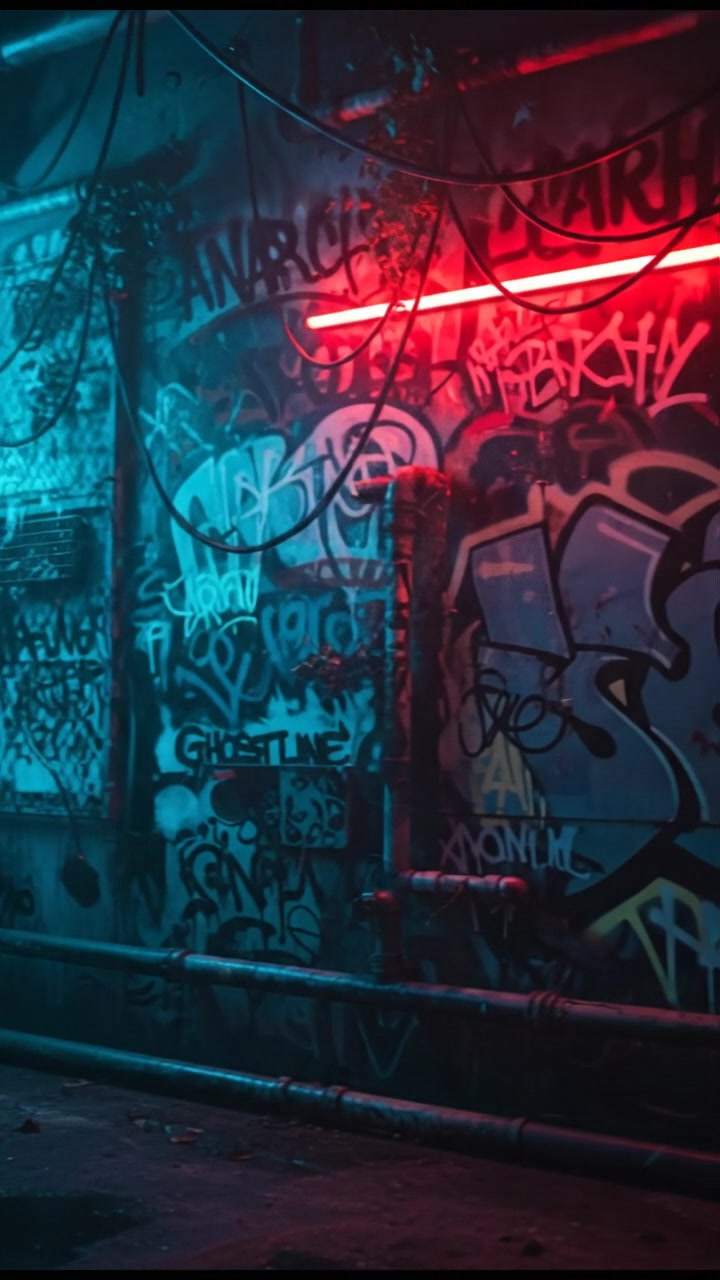 A close-up of a graffiti-covered wall, with colorful spray paint and tags visible.