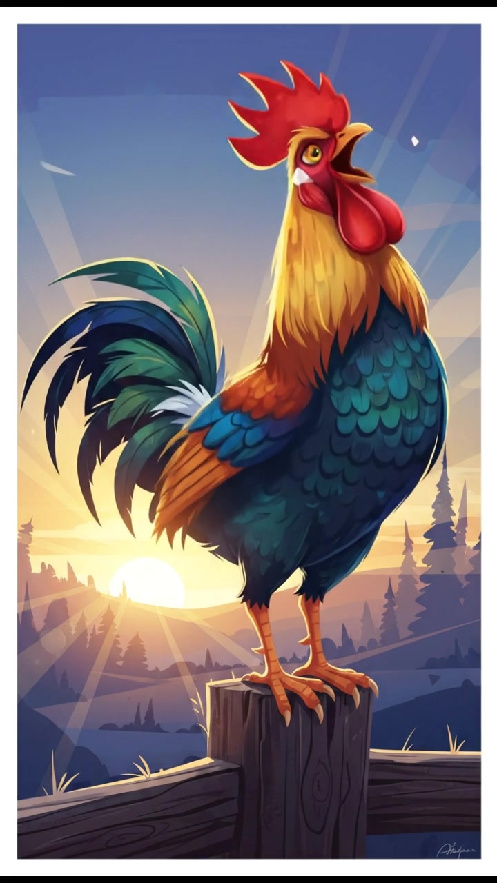 A close-up of a rooster standing on a wooden fence at dawn, with sunlight illuminating its red comb.