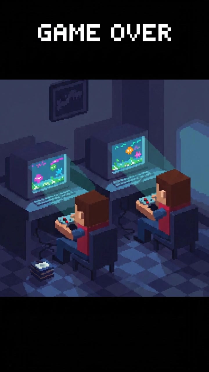 A dimly lit room with two computers on a table, game controllers in hand, focusing on screens.