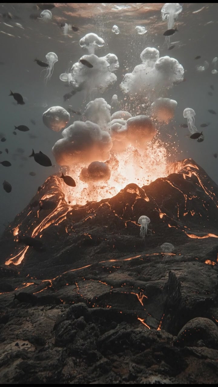 An underwater active volcano erupting, with lava and bubbles rising.