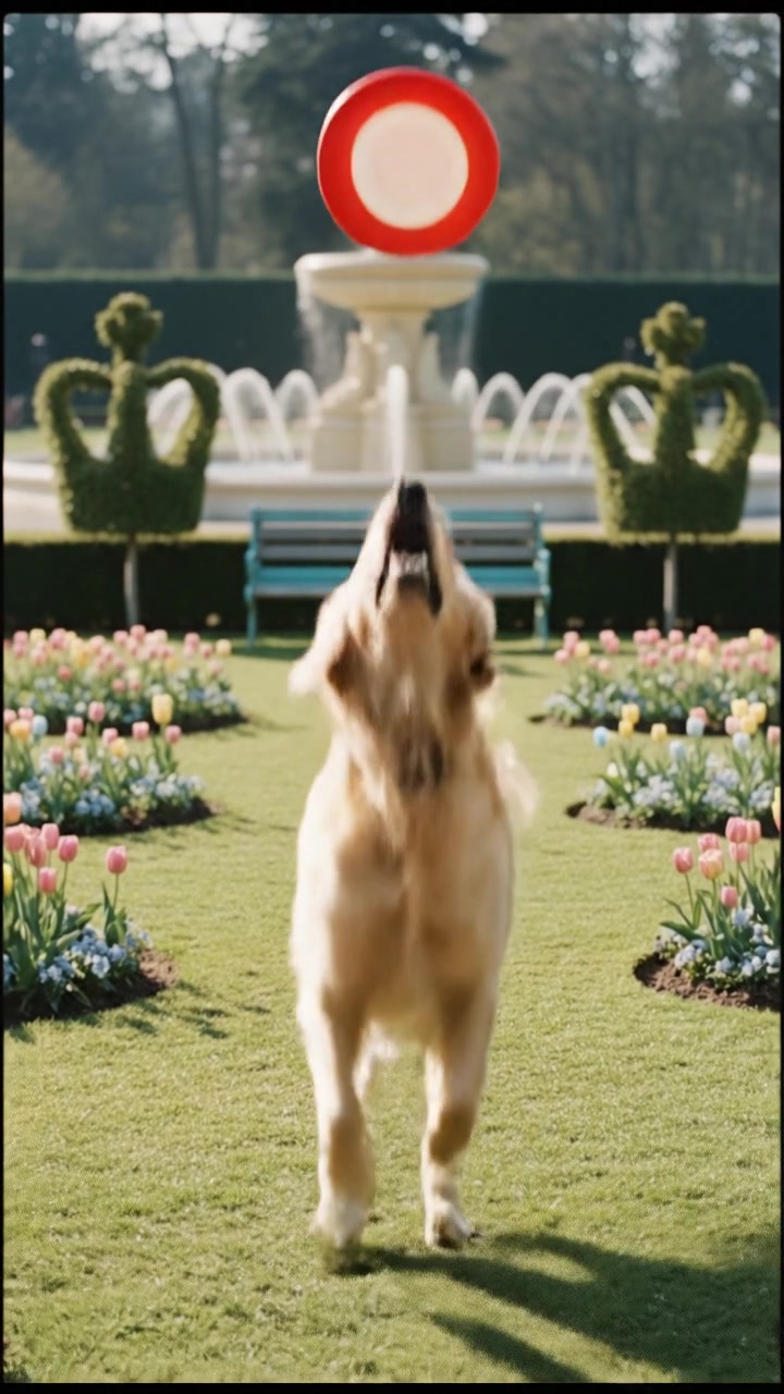 A close-up of a Golden Retriever playing fetch in a sunny park.