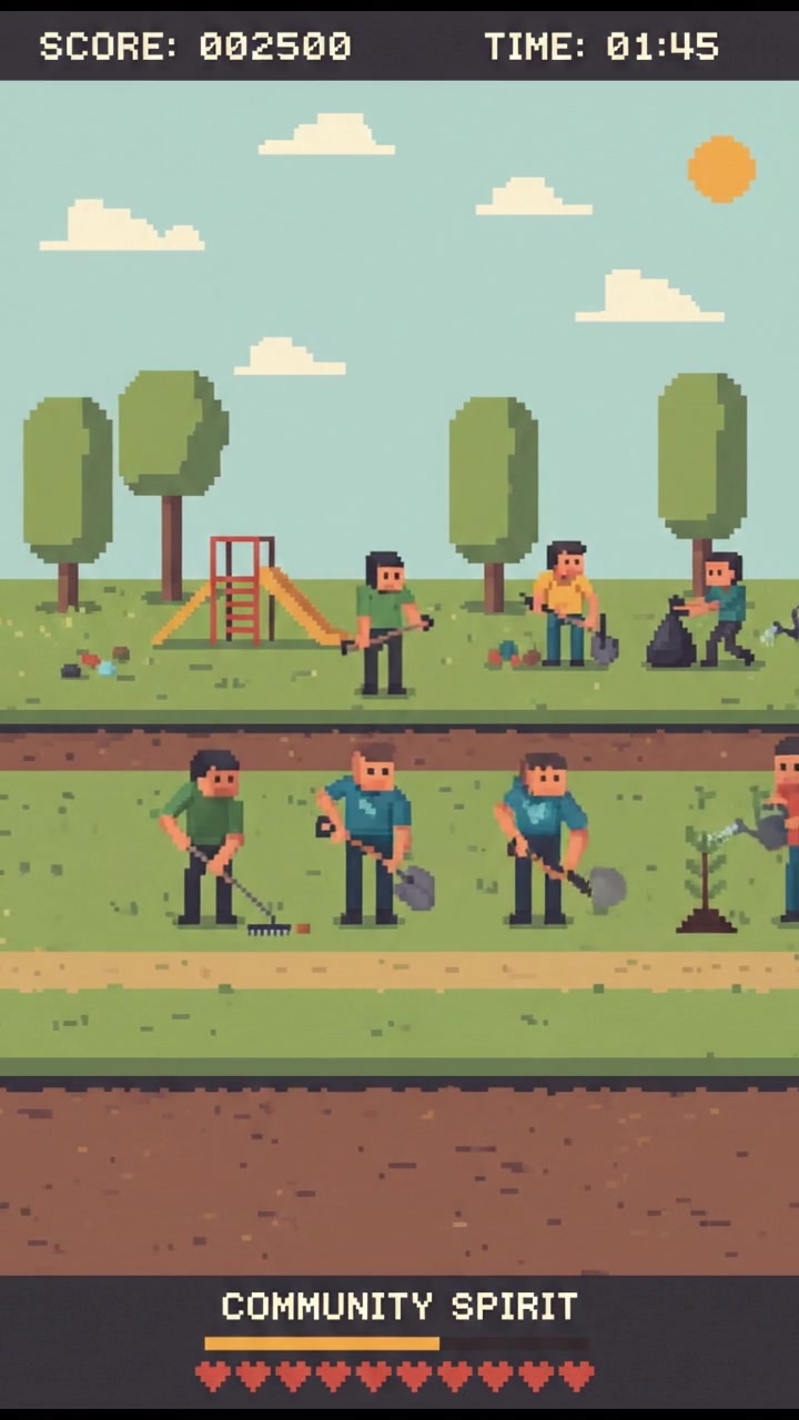 Community members volunteering in a park, cleaning and planting trees.