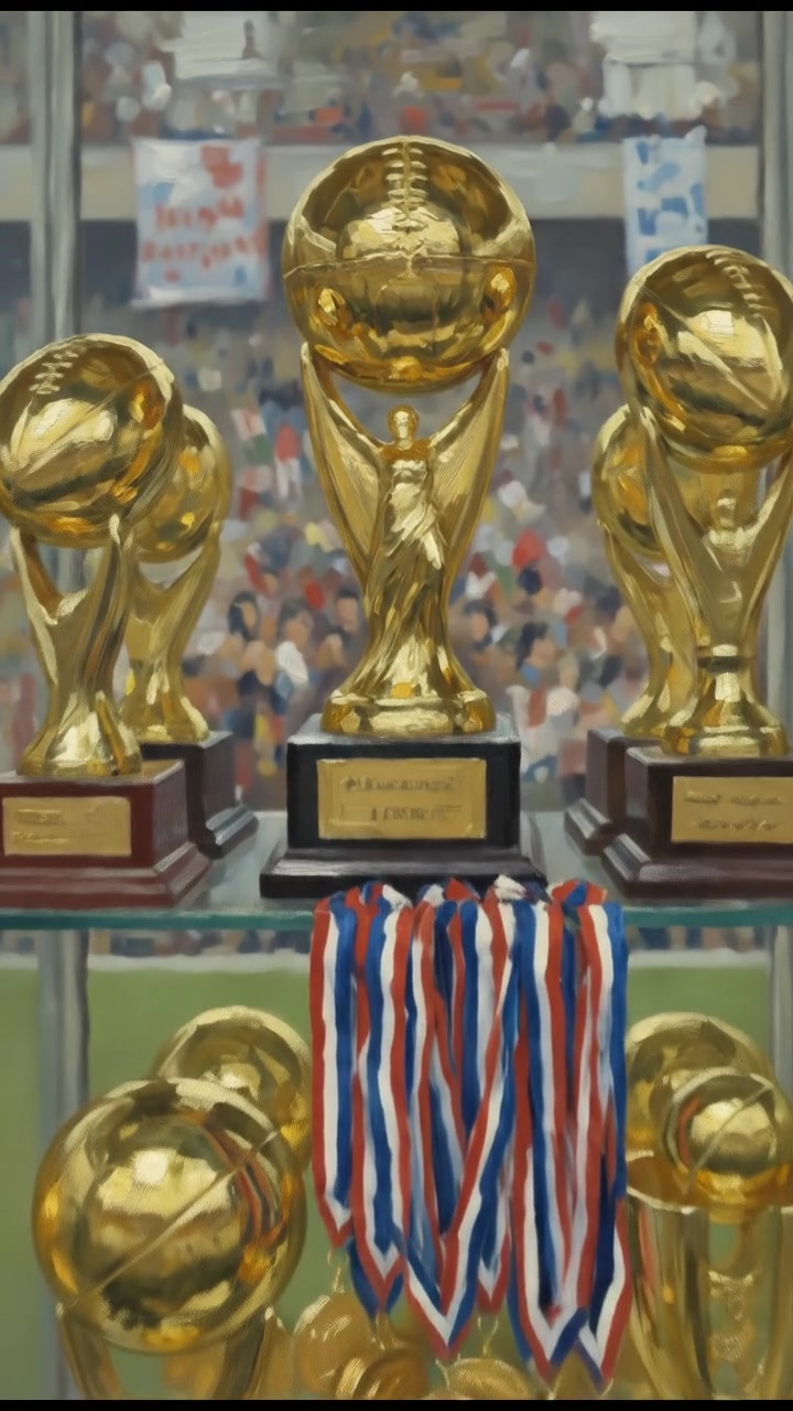 A trophy case filled with football awards and medals.