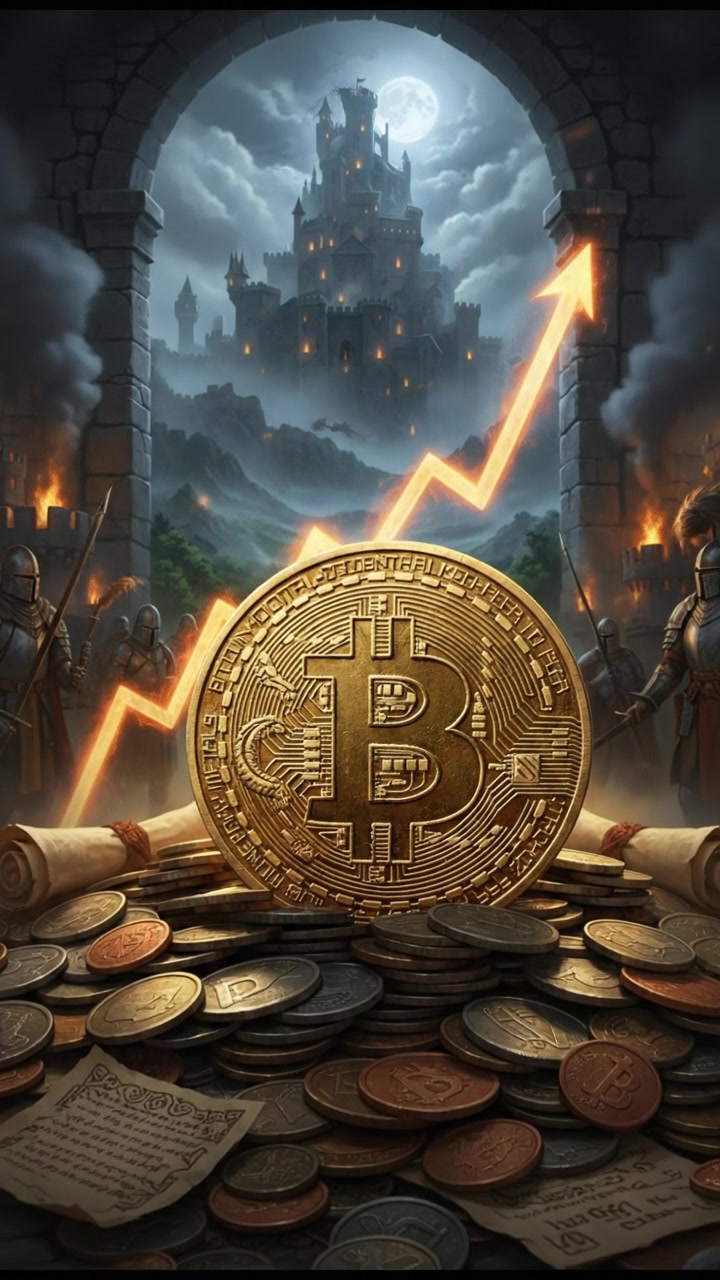 A close-up of a Bitcoin coin resting on a pile of cash, with a graph showing an upward trend blurred in the background.