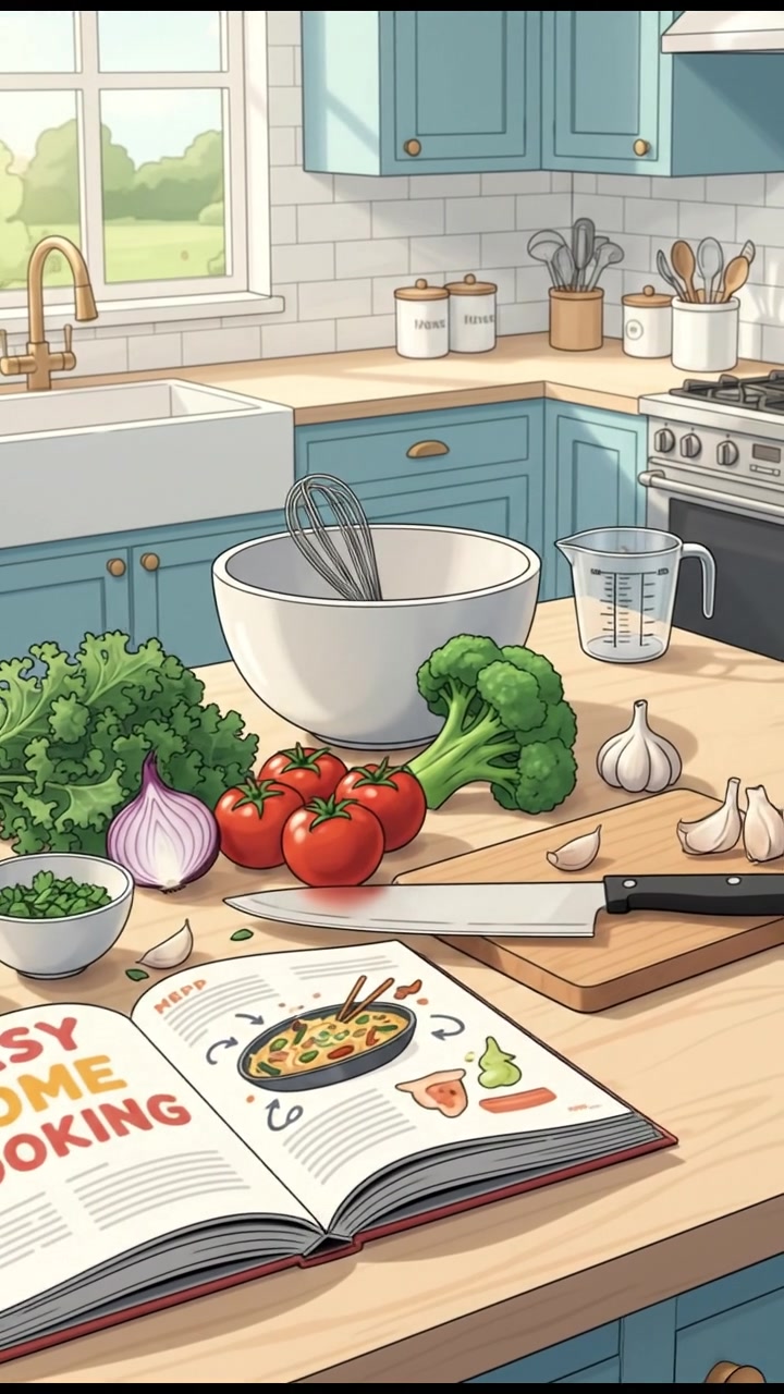 A beginner's cooking setup with ingredients laid out on a kitchen counter, including vegetables and an open recipe book.