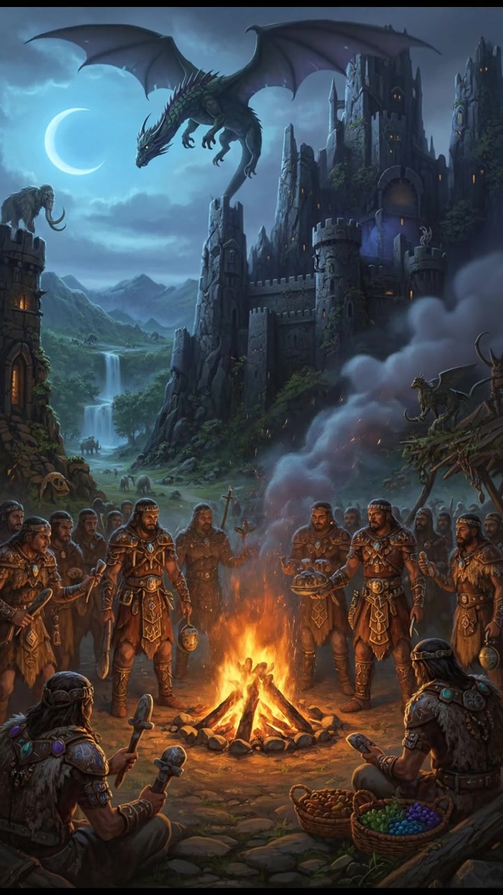 A prehistoric landscape with early Stone Age communities gathering around a fire, exchanging goods.