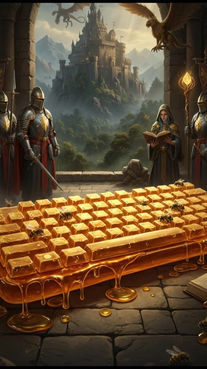 A golden honey keyboard glistening under sunlight, droplets of honey visible.