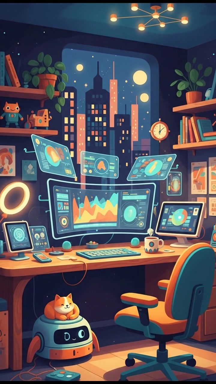 A cozy home office with a desk full of tech gadgets and a friendly atmosphere.