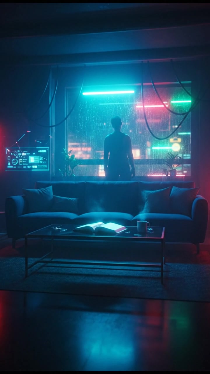 A cozy living room with a couch and a coffee table, a book lying open on the table.