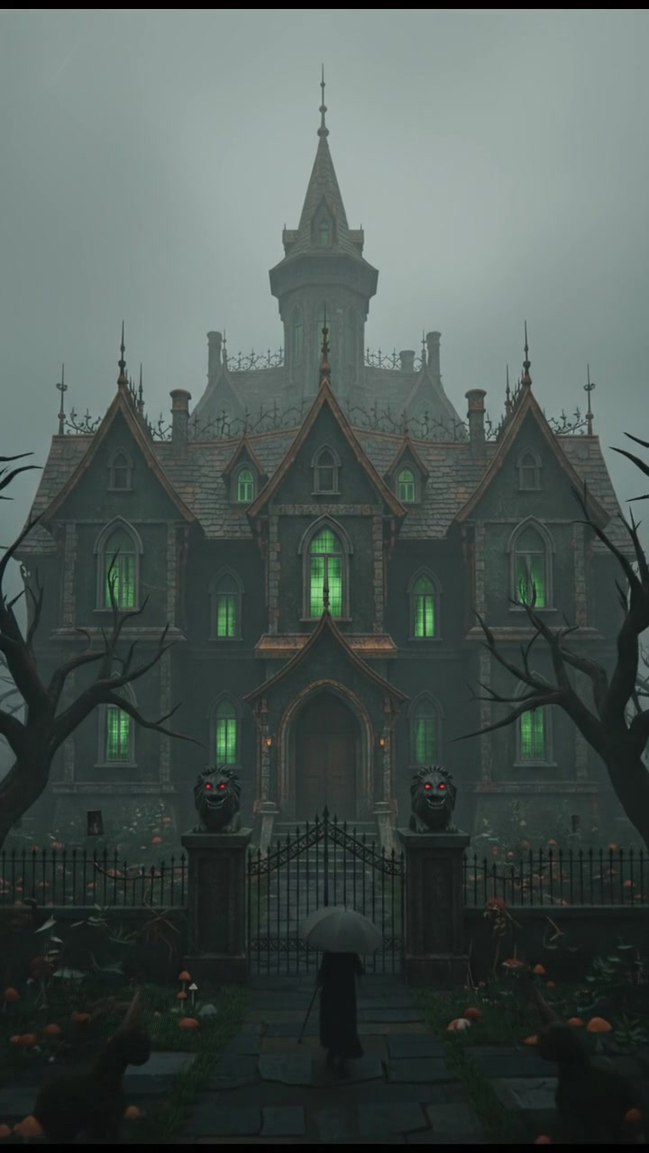 A dark, old mansion looms in the fog against a dimly lit sky.