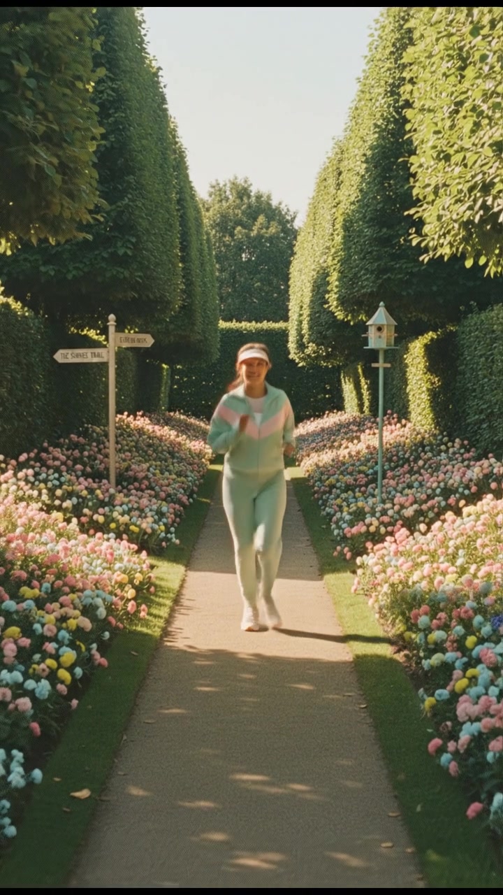 A person jogging on a sunny path surrounded by flowers and greenery.