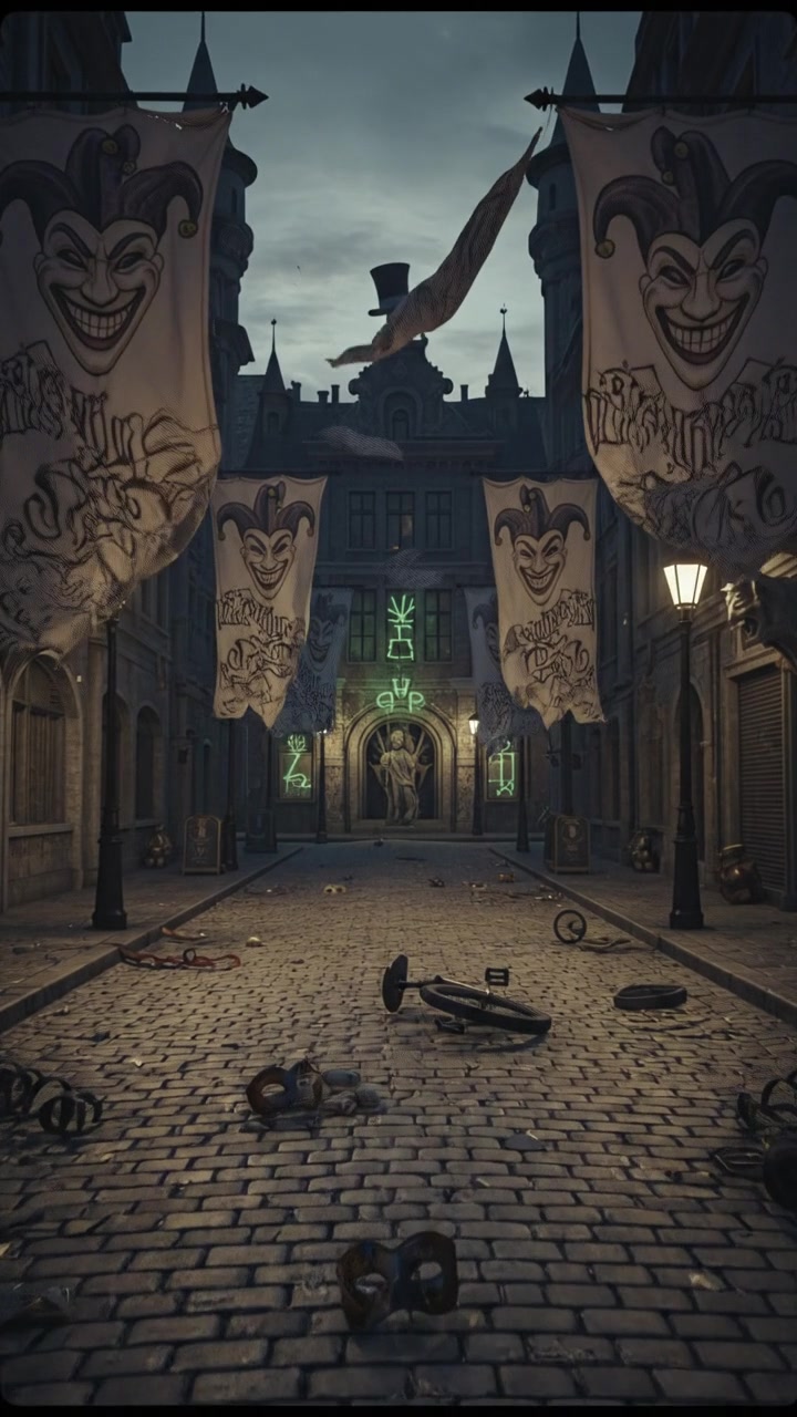 An empty street with banners flapping in the wind, suggesting the aftermath of a significant incident.