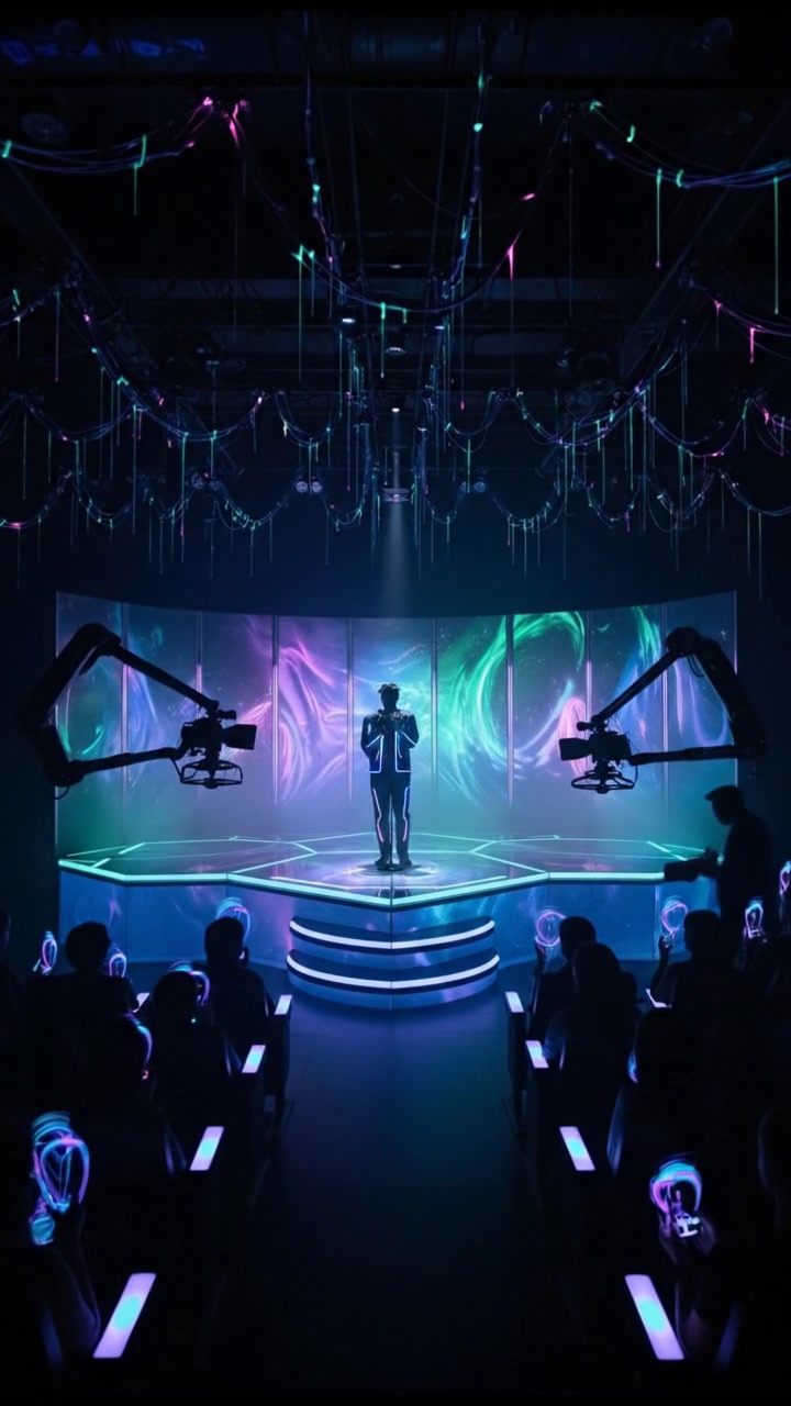 A television studio set with cameras and bright lights, focused on a comedy show stage.