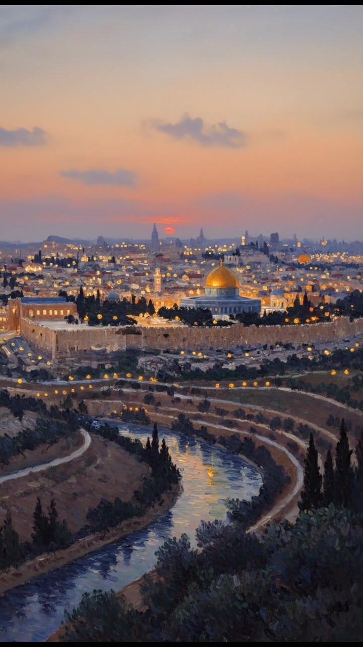 A wide view of Jerusalem at dusk, with the city illuminated by soft lights.