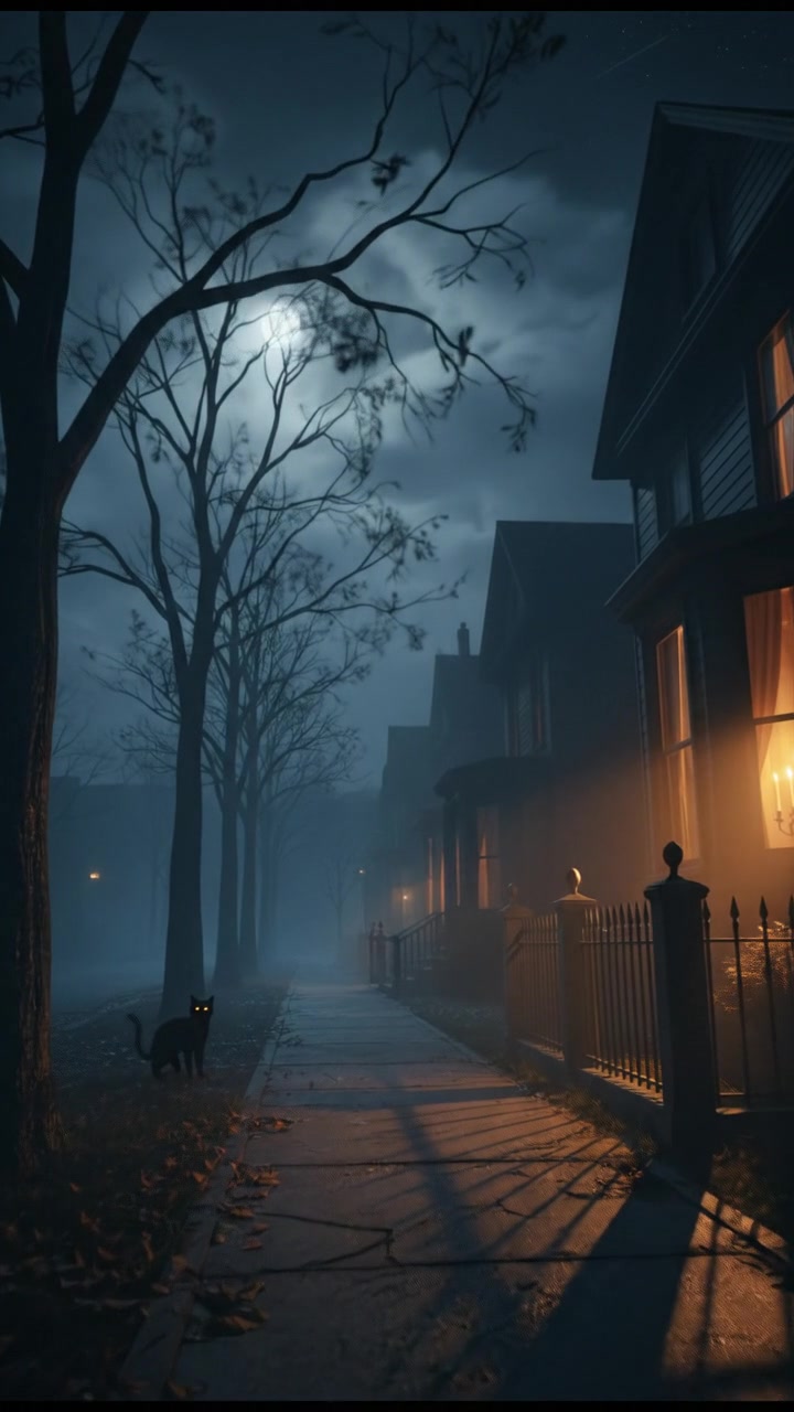 A cold night setting in a quiet neighborhood with a light breeze and trees rustling.