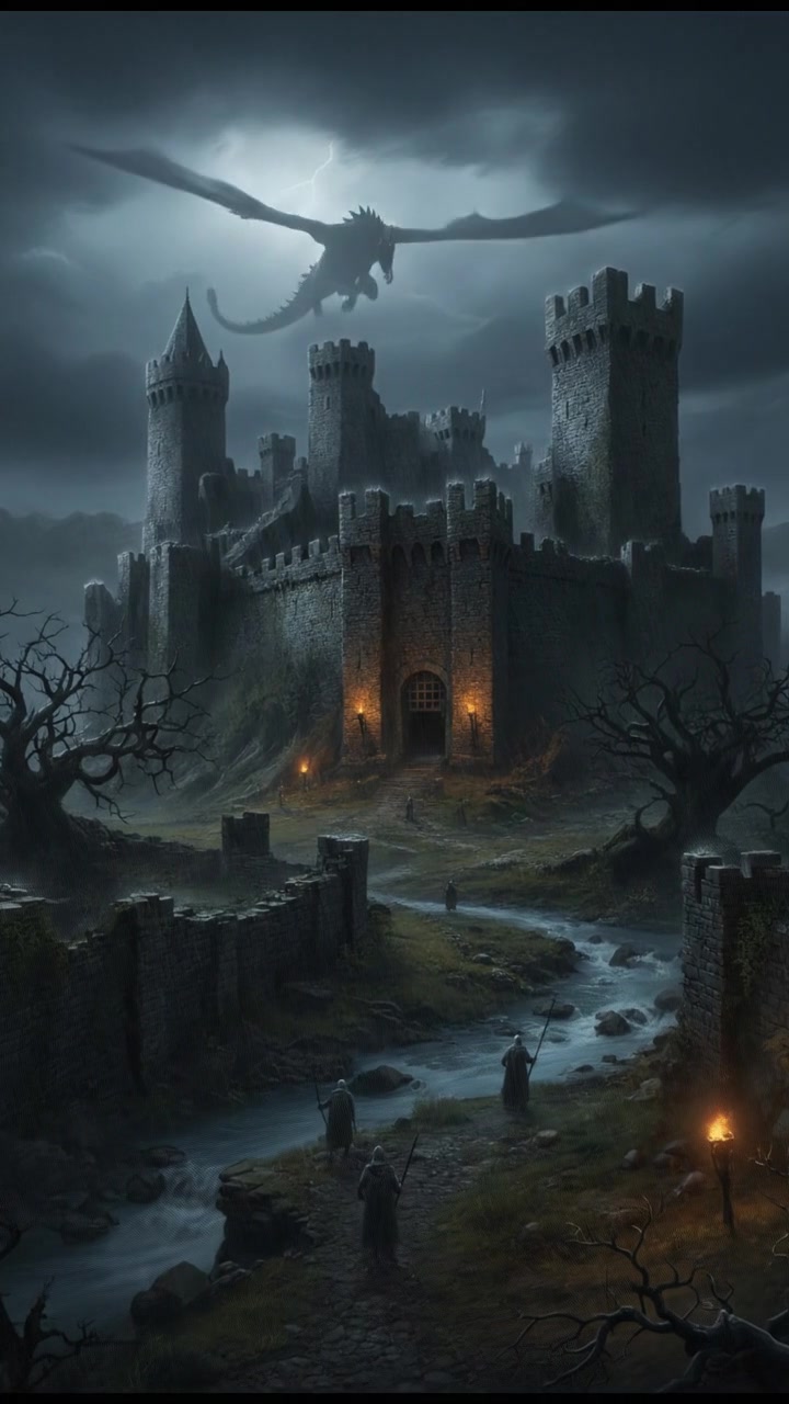 A dark old house in the countryside at night with rain falling heavily.