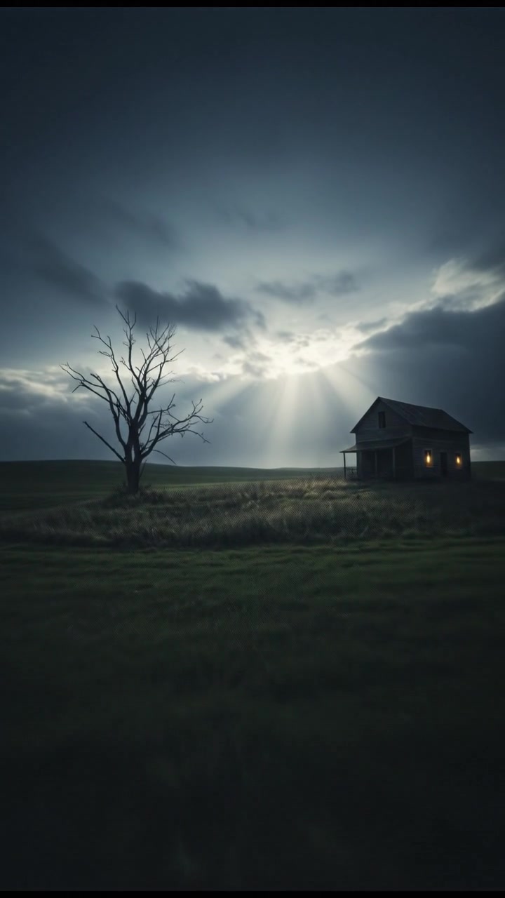 A vast green field under a clear blue sky, with a wooden farmhouse in the background.
