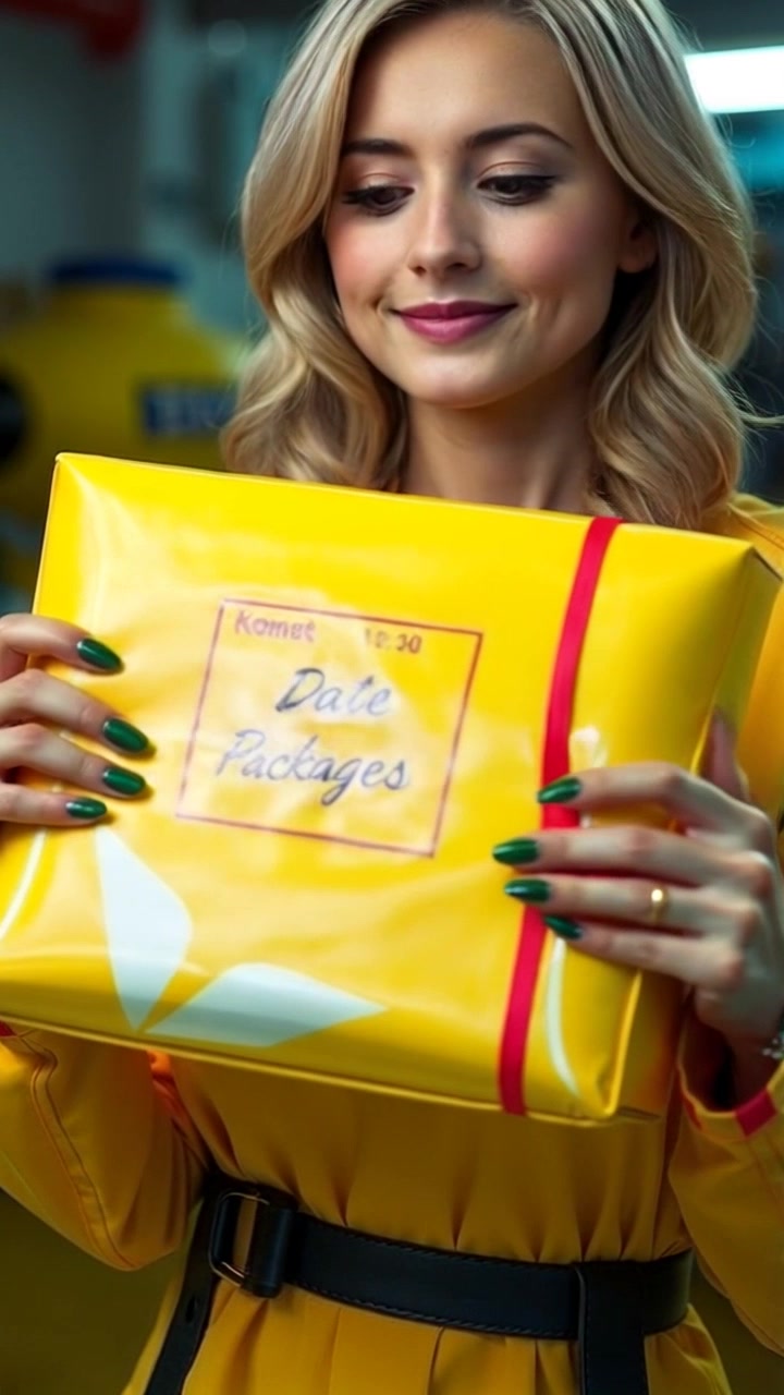 Scene: A close-up view of an elegantly sealed date package, the intricate details of the wrapping visible in the hands of the craftsman. Style: Soft, warm ambient lighting that highlights the textures of the package and the craftsmanship involved. Motion: The camera slowly pushes in on the package, capturing the exquisite details as the craftsman's hands adjust the package slightly, conveying a sense of care and artistry.