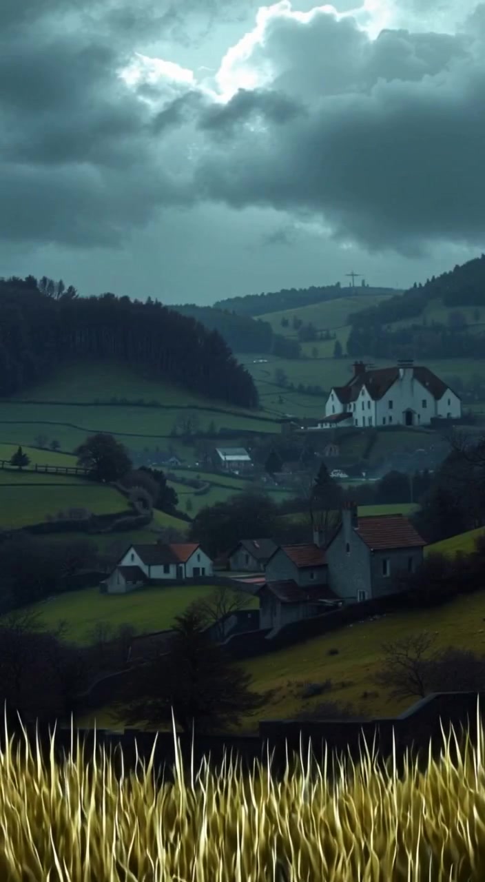 A gentle breeze sways the tall grass, as clouds drift lazily over a small, forgotten village nestled in hills.