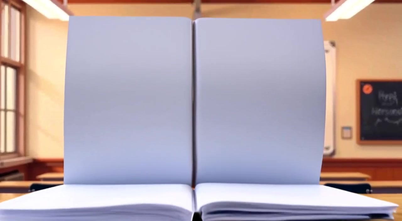 A gentle breeze flutters the pages of an open notebook on a desk in the classroom.