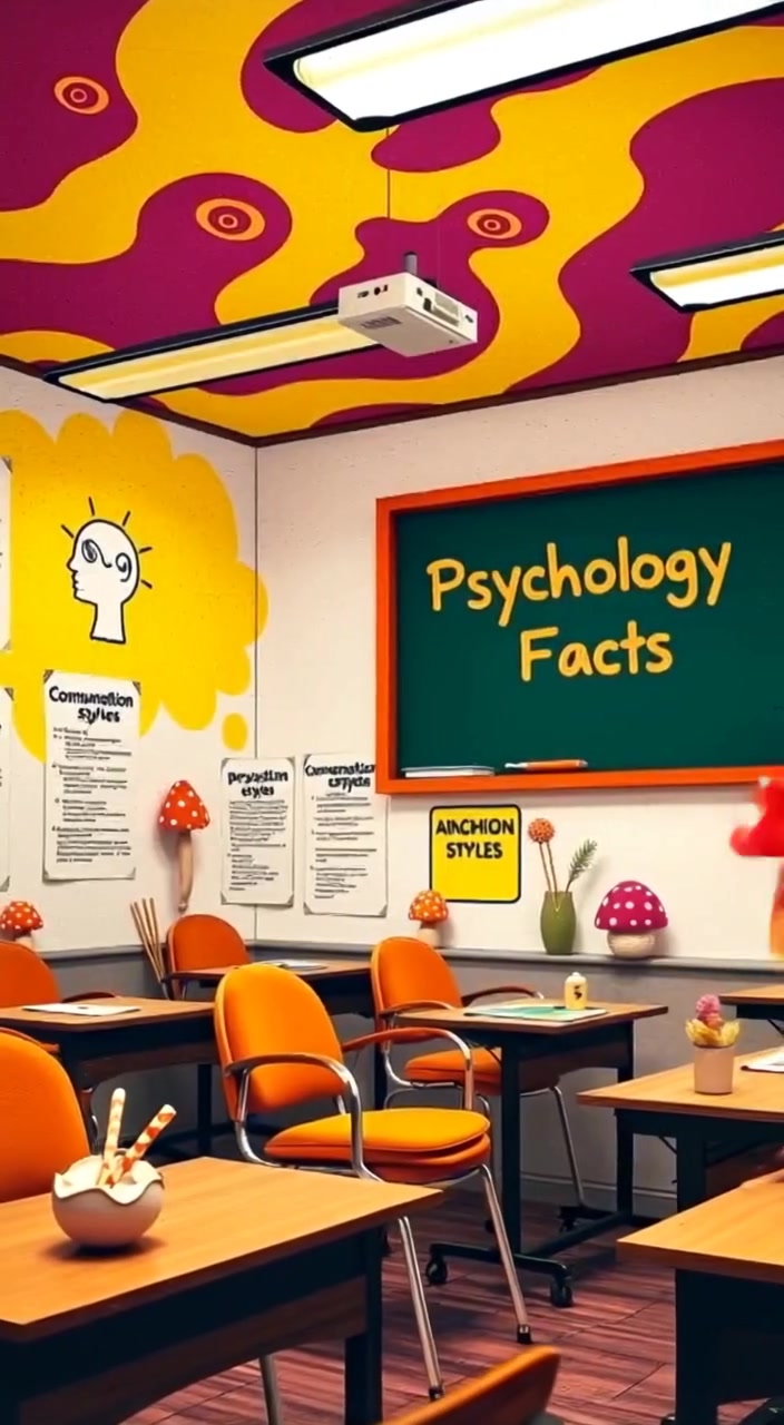 The teacher gestures naturally while explaining psychology concepts to attentive students in a vibrant classroom.