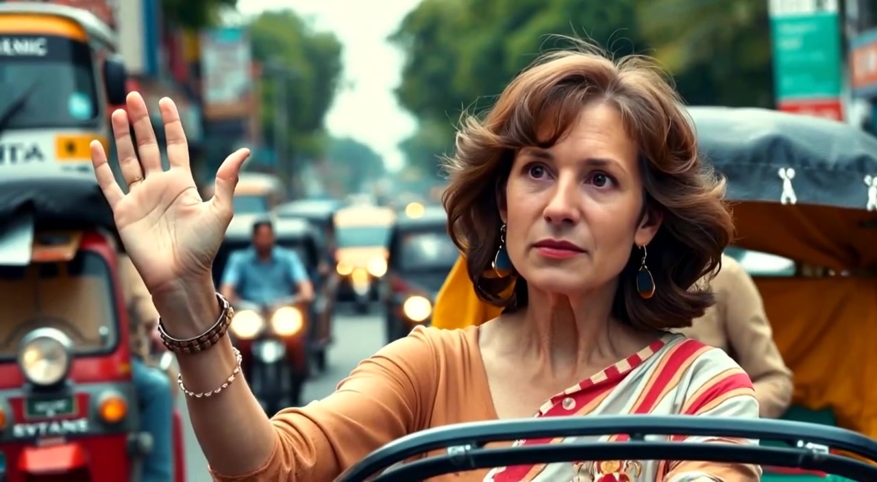 The woman anxiously waves for a rickshaw on a busy Mumbai street, surrounded by bustling traffic and pedestrians.