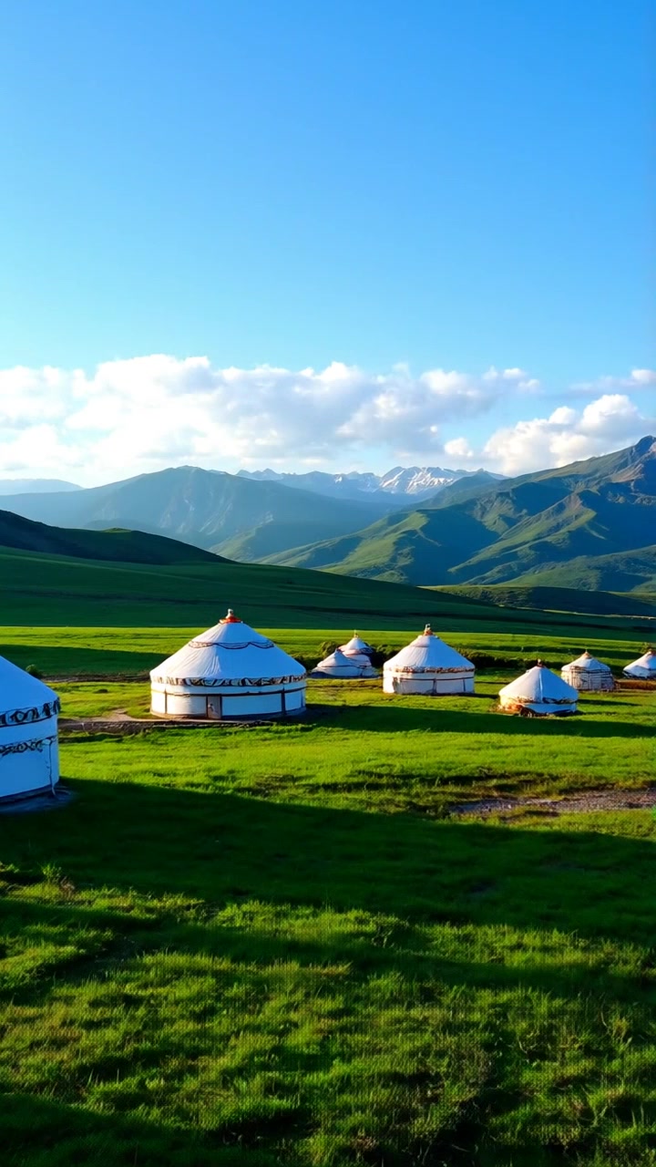 Scene: A serene Mongolian landscape showcasing various cultural elements such as traditional yurts, lush green pastures, and distant mountains under a clear blue sky. Style: Warm, inviting light accentuating the vibrant colors of the landscape and the intricate designs of the yurts. Motion: Smooth dolly shot gliding across the landscape, gently revealing the harmonious coexistence of different cultures as the camera captures the tranquil beauty of the scene.