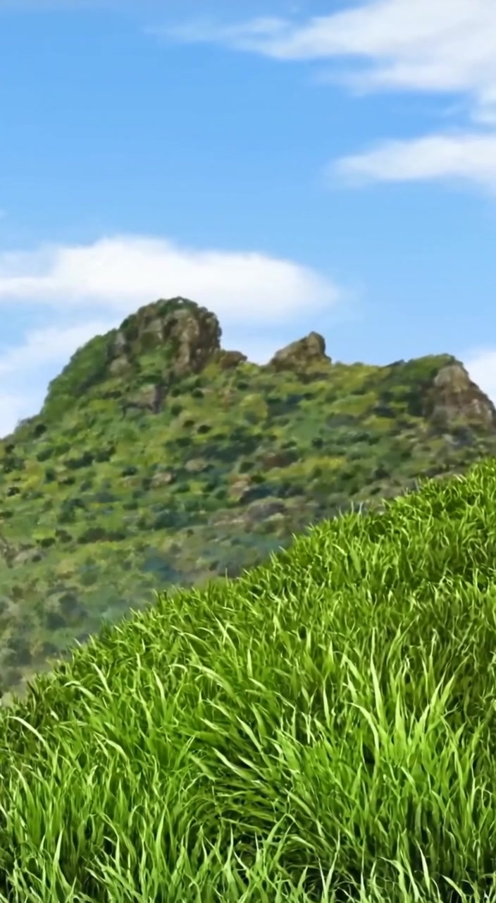 The woman gazes into the distance, a gentle breeze moving through her hair on the grassy hillside.