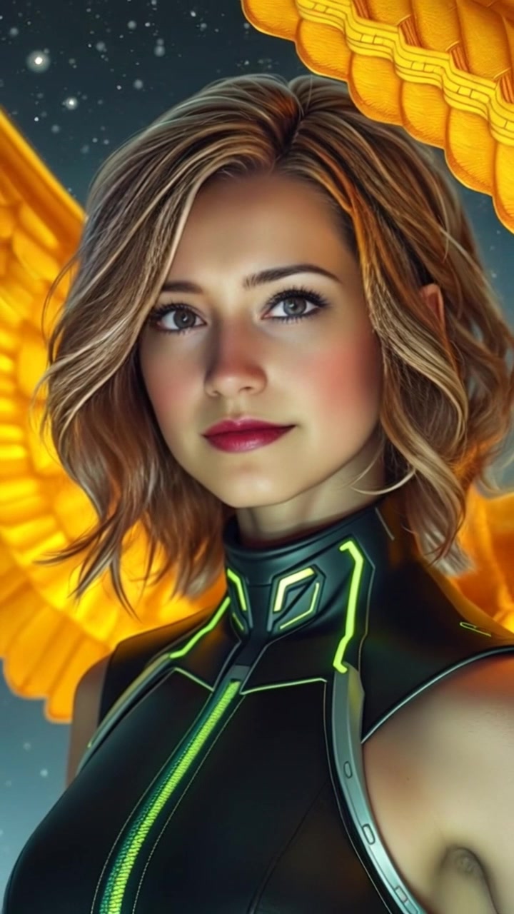 Subject (Build, Golden wings, Determined facial expression) + Still + Scene (Starry sky backdrop) + Camera Language (Slow zoom in) + Lighting (Starry night sky illumination) + Atmosphere (Majestic)