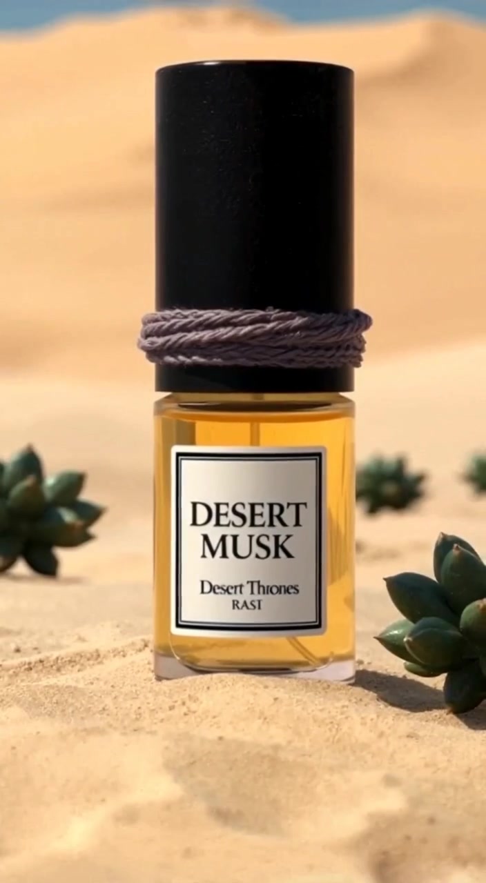 The perfume bottle stands still on the dune as the wind gently shifts the sand around it.