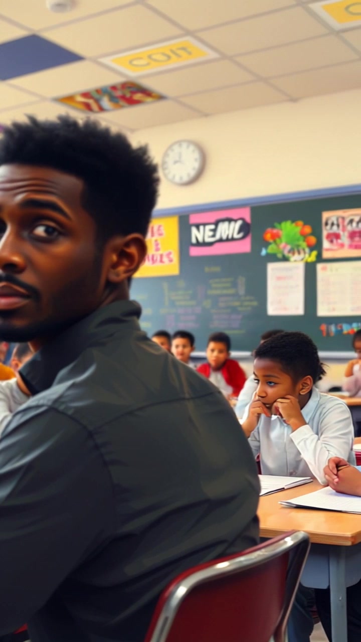 Scene: A bustling classroom filled with engaged students, vivid educational posters on the walls, and sunlight streaming through large windows. Style: Bright, natural light creates a welcoming and energetic atmosphere. Motion: The camera slowly pans across the room, capturing the animated expressions and interactions of the students, with Juki sitting attentively at his desk, surrounded by the vibrant classroom environment.