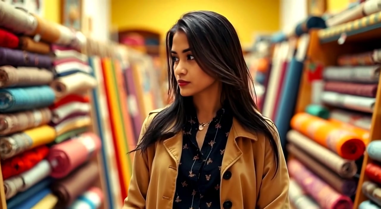 The woman gently browses vibrant fabric rolls in the shop, sunlight filtering through the window.