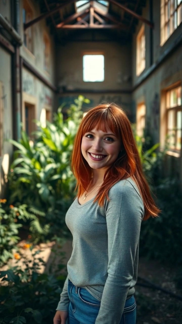Subject: A person with a warm smile facing the camera. Scene: Surrounded by lush greenery in a tranquil natural setting. Lighting: Soft, ambient light filtering through the leaves, creating dappled shadows. Motion: The camera gently moves in a soft dolly in, enhancing the inviting atmosphere as the person smiles.