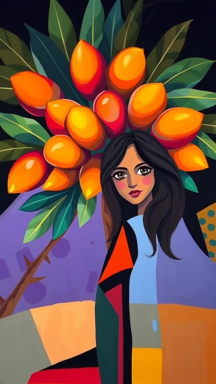 Subject: Mira standing still in awe beside a vibrant mango tree. Scene: Enchanted forest setting, with a talking mango tree covered in radiant, colorful fruits, surrounded by lush greenery and dappled sunlight. Lighting: Warm, inviting light streaming through the leaves, creating a magical atmosphere. Motion: A smooth, gradual dolly-in shot, capturing Mira's expression of wonder as she tilts her head towards the tree, the camera subtly adjusting to the tree's vibrant details.