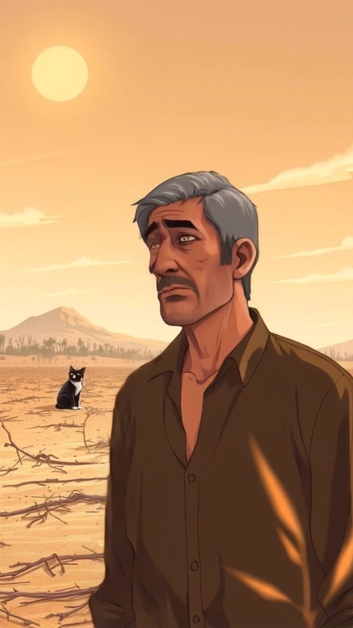 Scene: A dry, barren field with wilting grass under a hot sun, featuring a figure radiating concern amid the desolation. Style: Harsh, midday lighting intensifying the arid landscape, with shadows accentuating the features of the land. Motion: The camera begins with a close-up shot of the figure's worried expression, then slowly zooms out to reveal the vast, empty field surrounding them, enhancing the feeling of hopelessness.