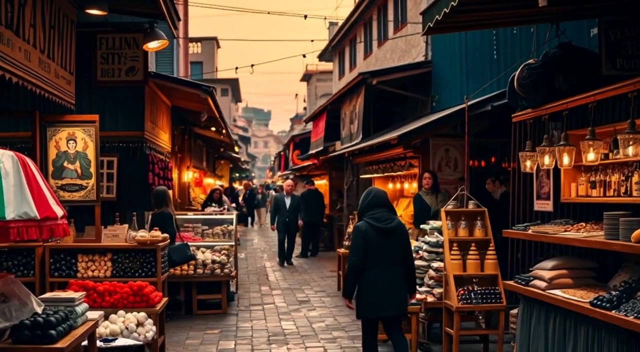 A bustling market filled with colorful stalls selling goods, showcasing the lively atmosphere of a busy bazaar.